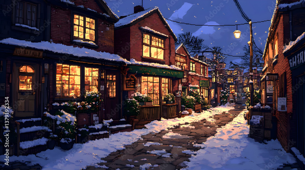 Fototapeta premium Winter Village Scene at Dusk with Snowy Street and Illuminated Buildings in a Quaint and Festive Atmosphere