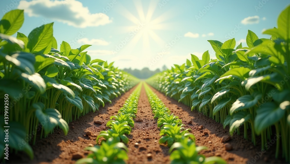 A vast, vibrant green field filled with young plants under a bright sky, showcasing rows of healthy crops growing in the soil. The scene conveys a sense of growth and nature. Generative, AI, A vast, vibrant green field filled with young plants under a bright sky, showcasing rows of healthy crops growing in the soil. The scene conveys a sense of growth and nature. Generative, AI,