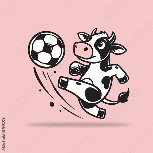 Laughing cow playing football in the football field vector