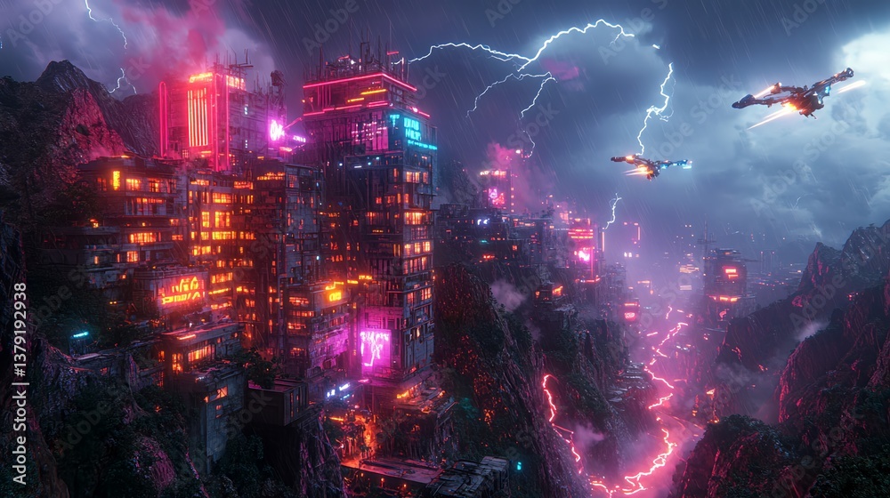 Obraz premium Cyberpunk Cityscape: A futuristic cityscape comes alive under a stormy sky, neon lights illuminating the towering structures and flying vehicles.