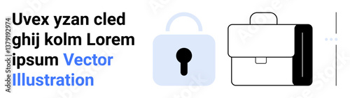 Padlock beside minimalistic briefcase represents security, privacy, and professionalism. Ideal for business, technology, safety, data protection, finance, corporate identity simple landing page