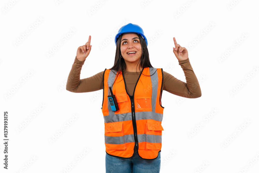 Smiling latin construction worker woman pointing up with both index fingers