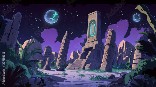 The discovery of an ancient alien artifact in the ruins of a forgotten civilization. alien ruins. illustration. Forgotten Ruins. Illustration