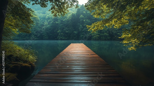 A serene wooden dock extends over a calm lake surrounded by lush greenery, capturing the tranquility of nature in a picturesque setting.