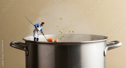 Miniature man cooking: tiny chef stirring ingredients in large pot
