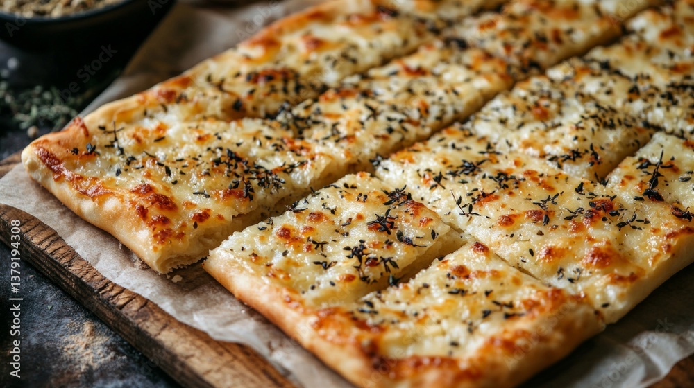 Rectangular Cheese Flatbread Slices on Wooden Board Rectangular Cheese Flatbread Slices on Wooden Board