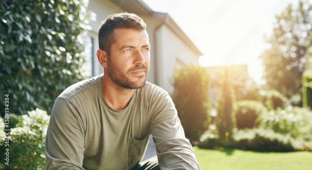 Caucasian male adult relaxing outdoors in sunlit garden Caucasian male adult relaxing outdoors in sunlit garden
