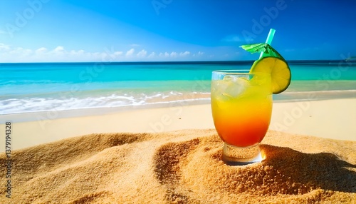 Soft drink on sand on the beach near sea. Summer season, vacation and relax