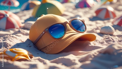 Sunglasses and cap on sand on the beach. Summer season and vacation