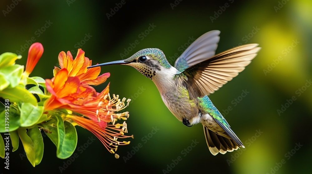 Naklejka premium A vibrant hummingbird hovers gracefully in front of a colorful flower, showcasing its iridescent feathers against a blurred green background.