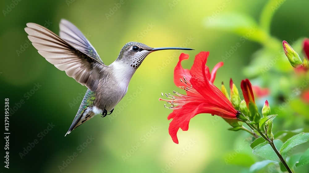 Naklejka premium A vibrant hummingbird hovers gracefully near a bold red flower, showcasing nature's beauty and the delicate balance of wildlife and flora.