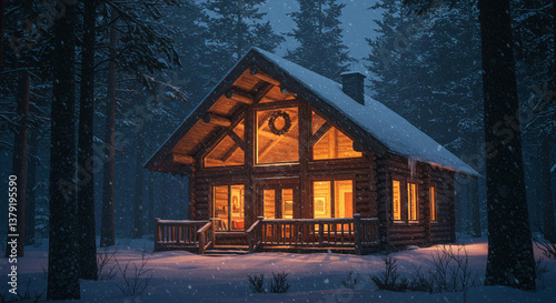 winter cabin exudes a cozy and inviting atmosphere, surrounded by a snowy landscape, with smoke gently rising from the chimney and warm light illuminating windows
