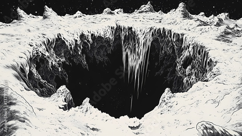 A chasm in the earth's crust leading to an eldritch abyss, where unimaginable horrors and cosmic entities lurk in the shadows. chasm. illustration. Cosmic Abyss. Illustration