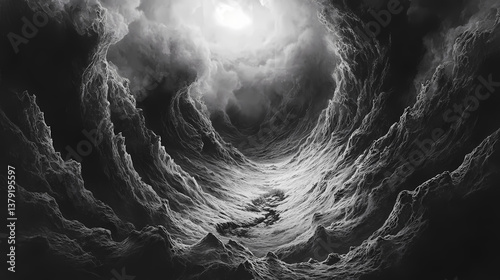 A chasm in the earth's crust leading to an eldritch abyss, where unimaginable horrors and cosmic entities lurk in the shadows. chasm. illustration. Cosmic Abyss. Illustration
