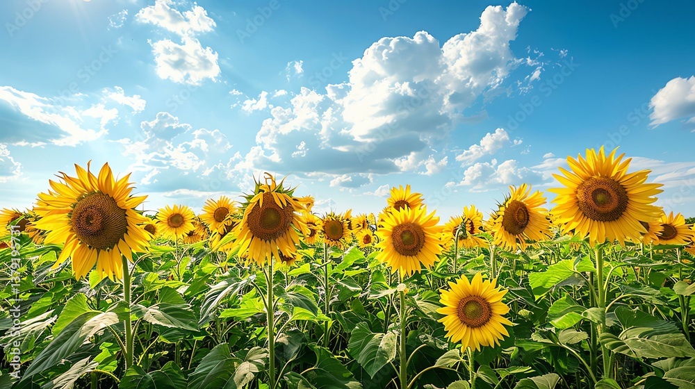Obraz premium A vibrant sunflower field under a bright blue sky, showcasing rows of cheerful sunflowers swaying gently in the breeze, epitomizing summer beauty.