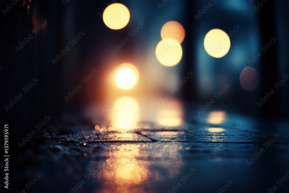 Blurred City Lights Reflecting on Wet Pavement at Night Creating Dreamy Scene Blurred City Lights Reflecting on Wet Pavement at Night Creating Dreamy Scene