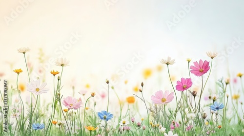 Colorful wildflowers sway gently in a soft, dreamy landscape, creating a serene and whimsical atmosphere.