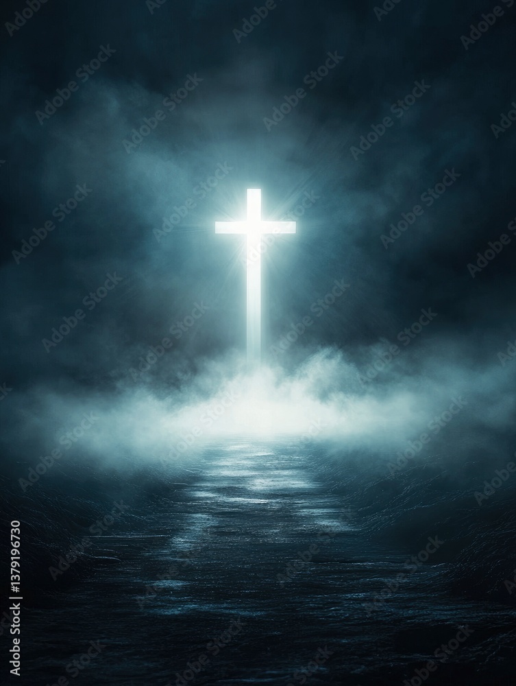 Fototapeta premium Illuminated Cross Shining in Dark Foggy Landscape for Faith Concepts
