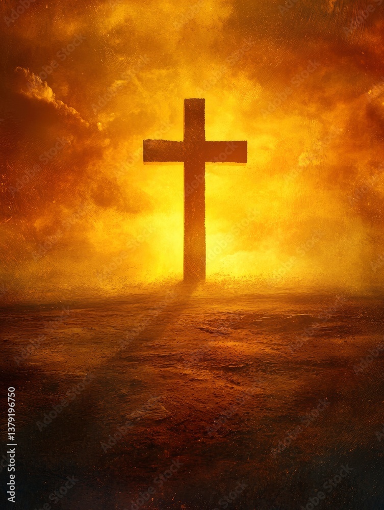Glowing Christian Cross Silhouette Against Dramatic Sky with Earthy Ground Glowing Christian Cross Silhouette Against Dramatic Sky with Earthy Ground