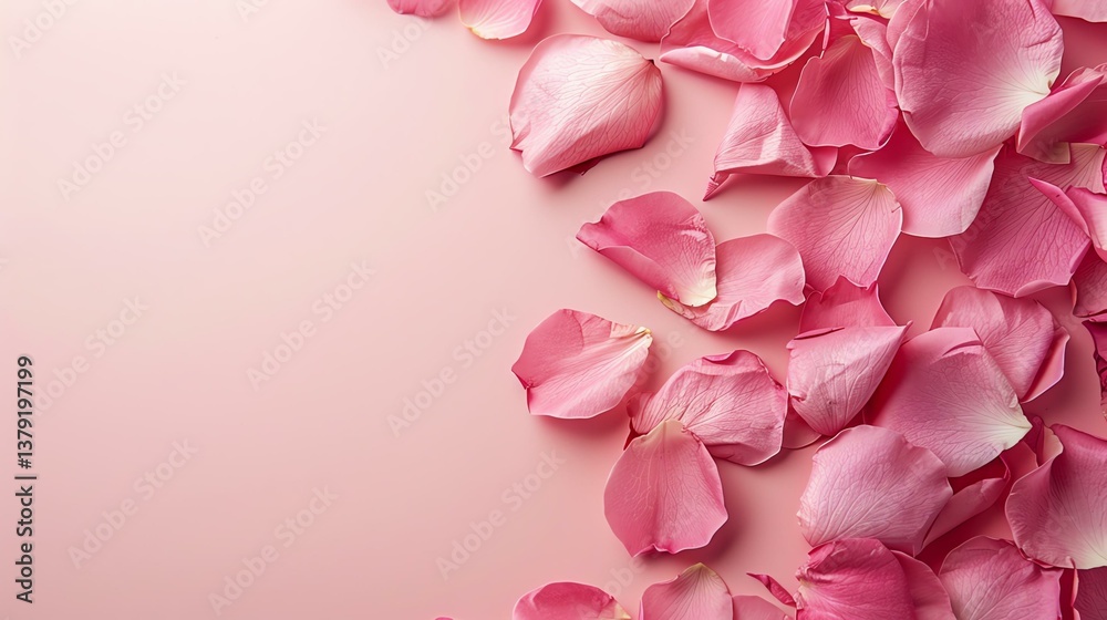 Fototapeta premium Delicate pink rose petals scattered gracefully on a soft pink backdrop, perfect for conveying romance, beauty, and elegance in various designs.