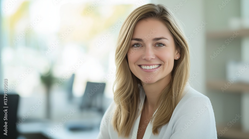 Smiling woman in a bright office setting. Smiling woman in a bright office setting.