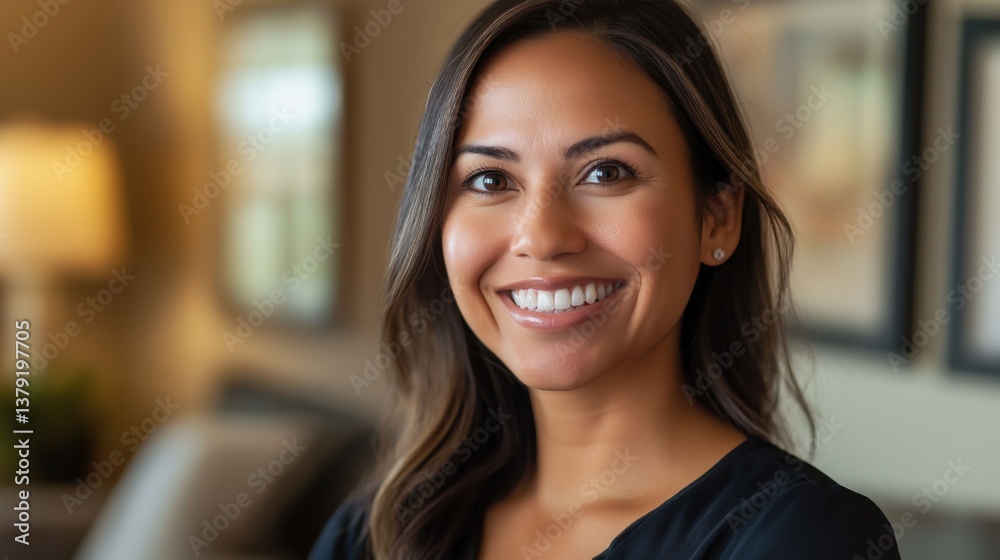 Smiling woman with a warm expression in a cozy indoor setting. Smiling woman with a warm expression in a cozy indoor setting.