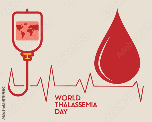 World Thalassemia Day: global awareness with blood bag, drop, and heartbeat.