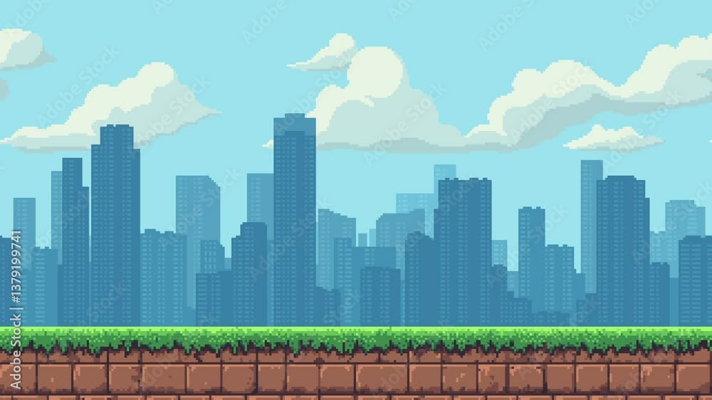 8-bit pixel art game level background. silhouette city skyline. side scrolling game. blue sky with clouds. simple game map template. 2D retro video game style. pixelated video animation.