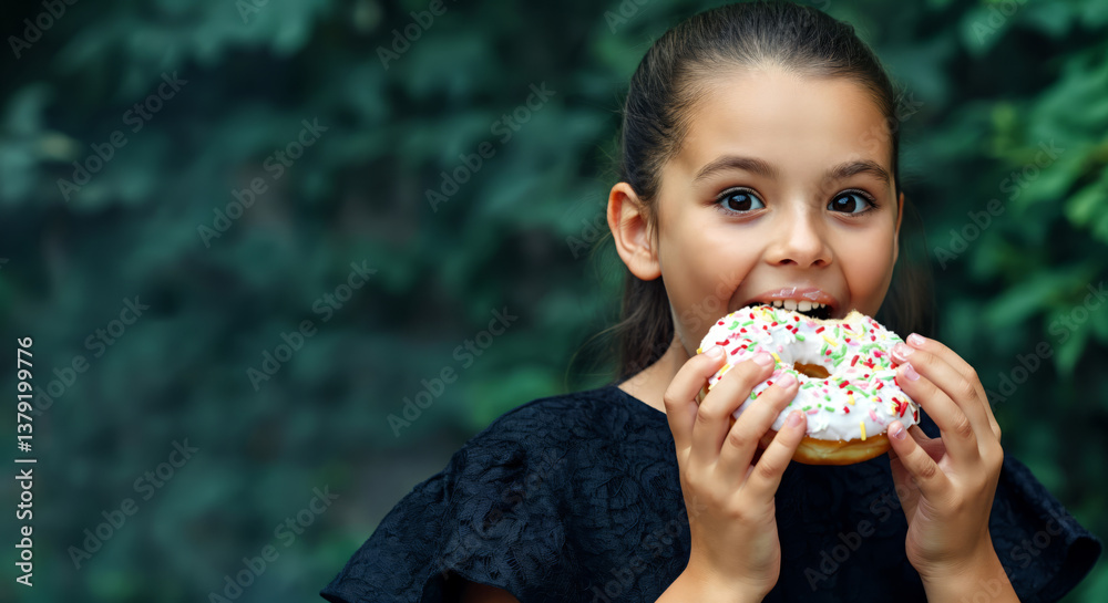 Naklejka premium Young hispanic girl enjoying sprinkled donut outdoors with joyful expression