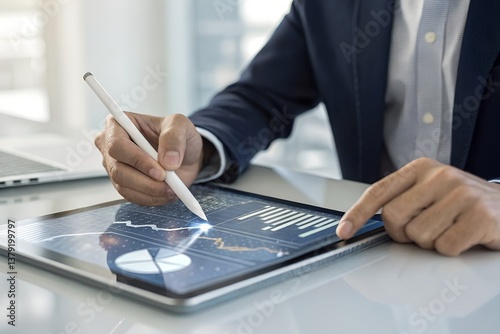Data science and business intelligence, Business data analytics, Analyst using big data dashboard for performance evaluation, KPI metrics, Strategic decision making with AI and technology.