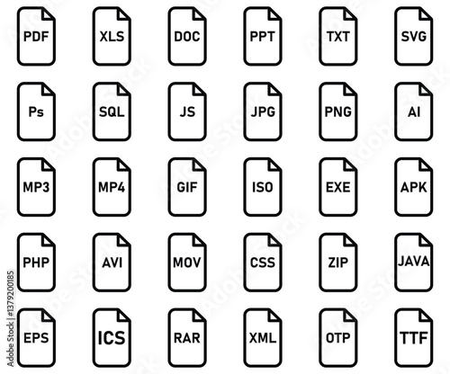 Set of File type icon, files format sign. Vector illustration.