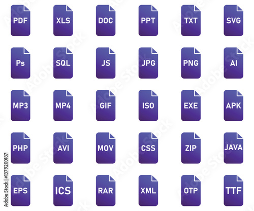 Set of File type icon, files format sign. Vector illustration.