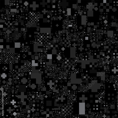 An abstract pattern with gray and black geometric shapes, creating a pixelated or fragmented effect.