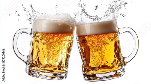 Two Glasses of Refreshing Golden Beer Cheers Festive Celebration Cold Drinks Sparkling Bubbles Frothy Head Enjoyment Party Alcoholic Beverage Pint Glass Crystal Clear Liquid Tasty Beer Foam Refreshing