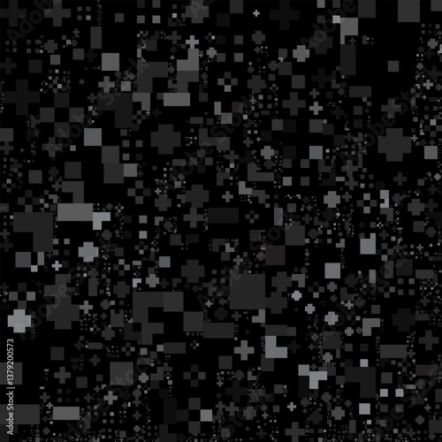 An abstract pattern with gray and black geometric shapes, creating a pixelated or fragmented effect.