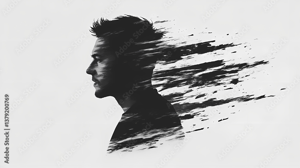 A man's silhouette with a brushstroke effect, creating a sense of movement and fading memories. black and white palette evokes mystery. Fading Memory. Illustration A man's silhouette with a brushstroke effect, creating a sense of movement and fading memories. black and white palette evokes mystery. Fading Memory. Illustration