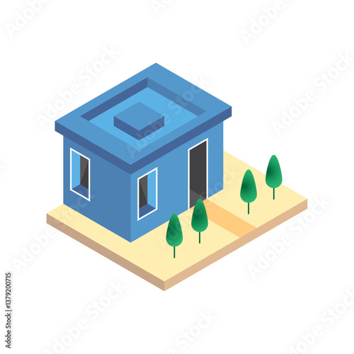 Isometric building with trees isolated on white background