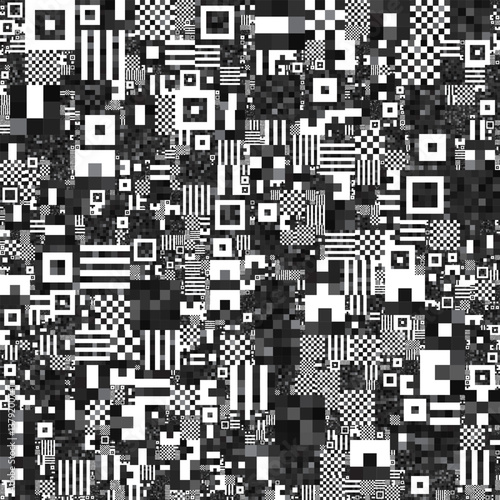 An abstract pattern with black and white geometric shapes, creating a fragmented or pixelated effect.