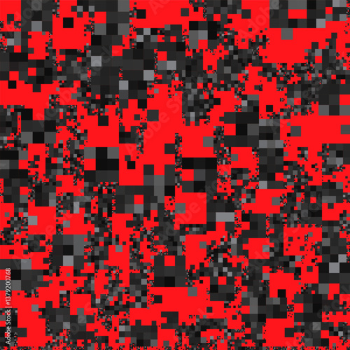 An abstract pattern with red, black, and gray geometric shapes, creating a pixelated or fragmented effect.