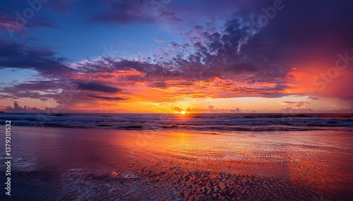 scenic beach sunset with colorful cloudy sky