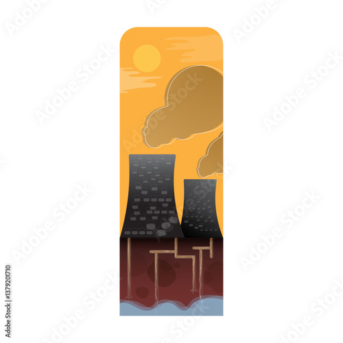 Air and water pollution illustration, Polluted city with industrial smoke