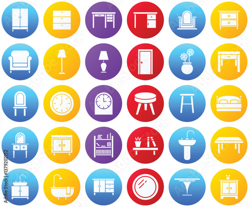 Furniture and household Gradient Circle icon set, vector illustrator