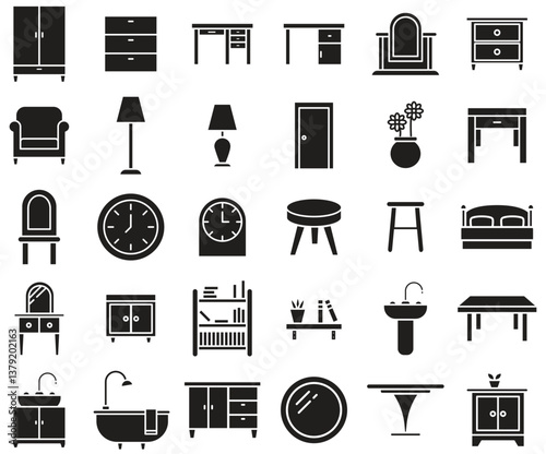Furniture and household Black icon set, vector illustrator