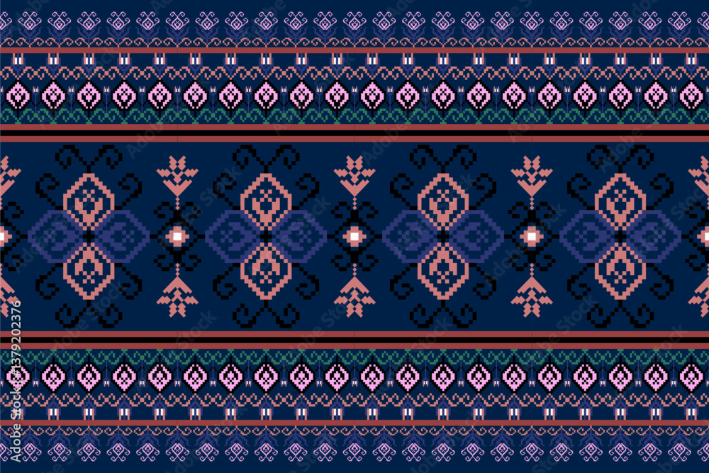 traditional textile pattern with a deep blue background, Designed in pixel art style, tribal textile pattern, pixel art pattern, geometric, fabric texture, bohemian print, seamless pattern, cultural traditional textile pattern with a deep blue background, Designed in pixel art style, tribal textile pattern, pixel art pattern, geometric, fabric texture, bohemian print, seamless pattern, cultural