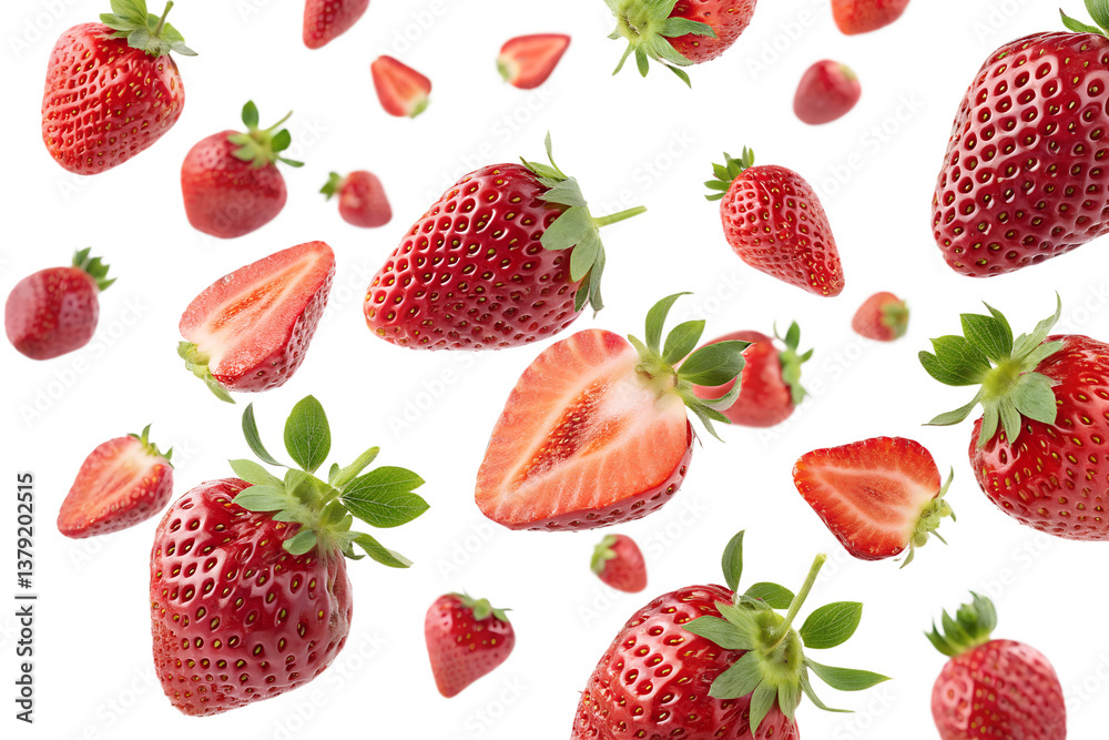 Fresh strawberries falling with a transparent background