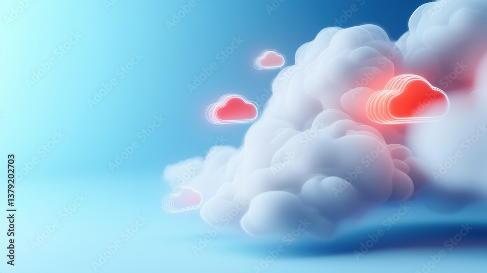 Digital clouds with vivid red highlights floating in a serene blue sky at sunset Digital clouds with vivid red highlights floating in a serene blue sky at sunset