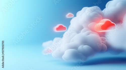 Digital clouds with vivid red highlights floating in a serene blue sky at sunset