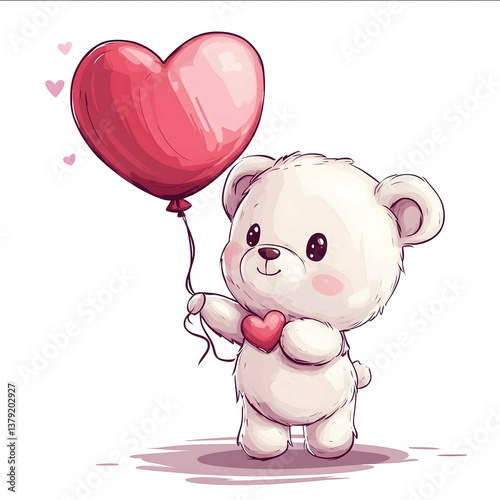 A chibistyle white teddy bear holding a heartshaped balloon valentines themed isolated on a white background photo