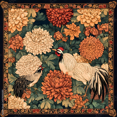 Create an elaborate 30 by 30inch tapestry design with a multidirectional composition featuring cranes a rooster and chrysanthemum flowers The tapestry should