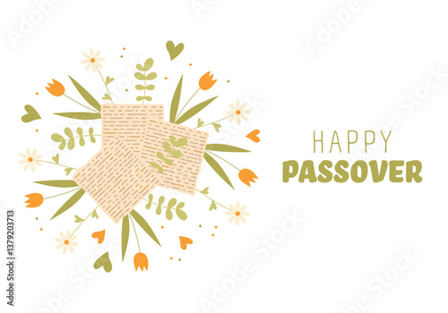 Happy Passover Background. Traditional symbols of Jewish holiday. Matza and flowers. Passover background for holiday